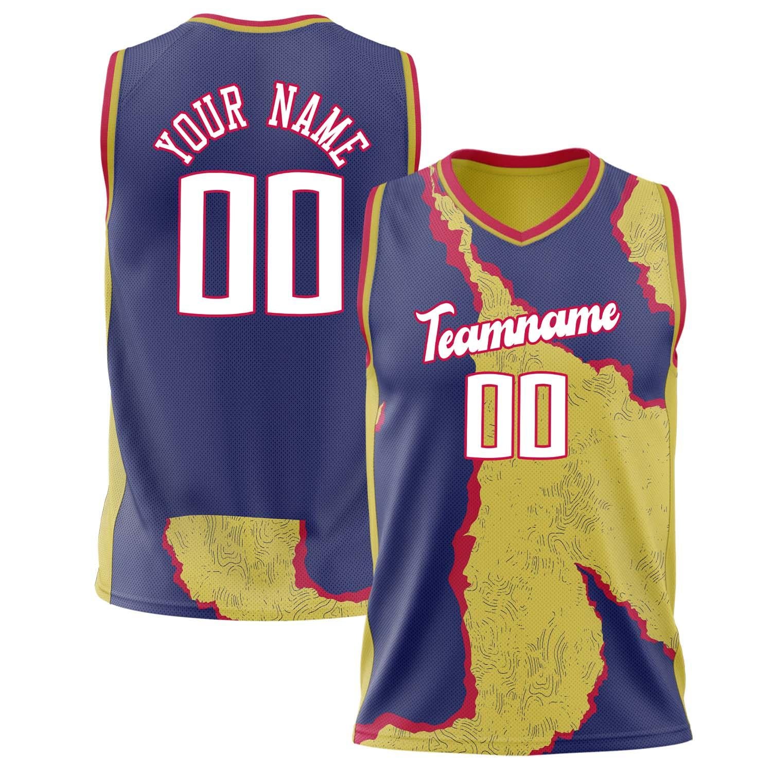 Benutzerdefiniertes Professionelles Marineblau Gelb Basketballtrikot BS02240808JG044