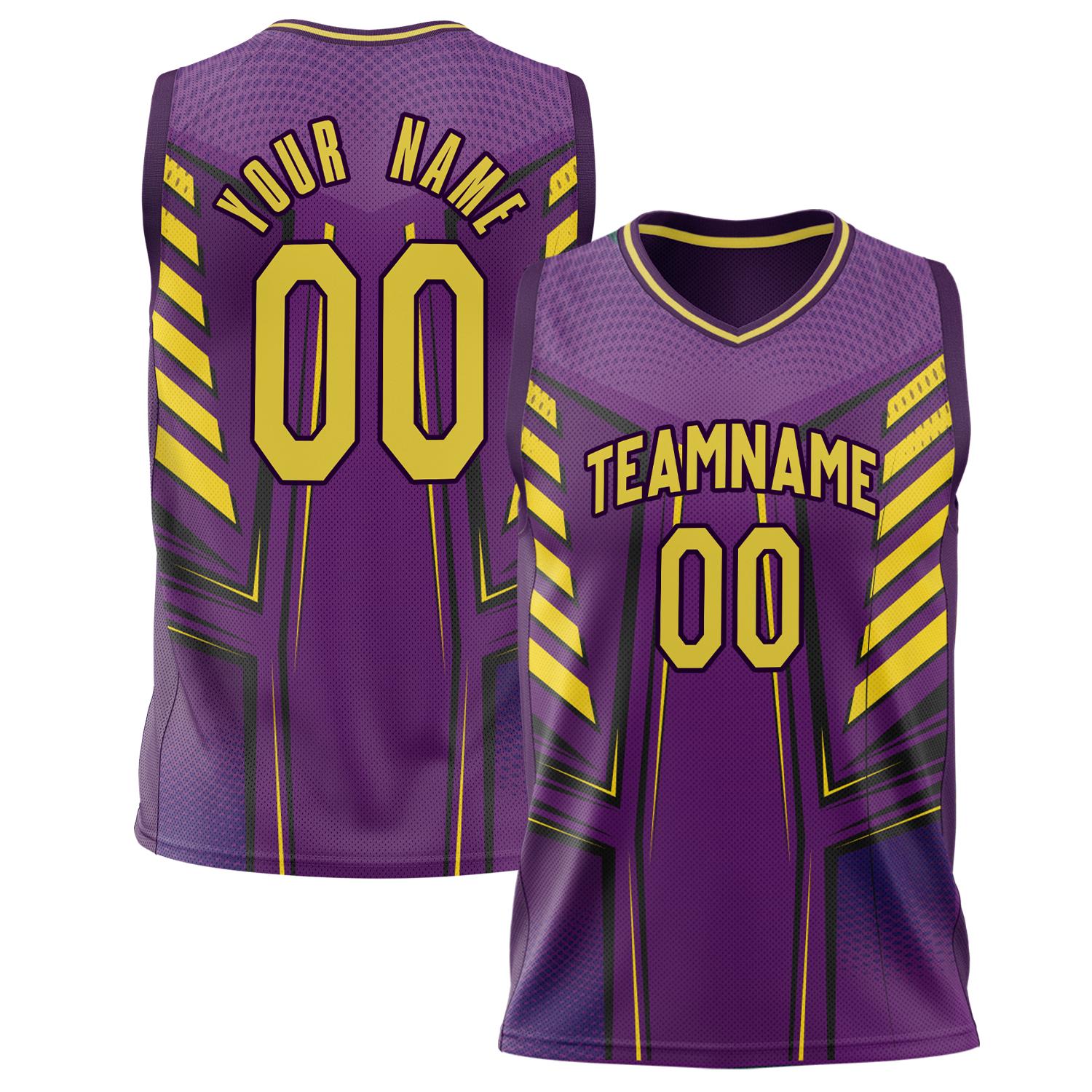 Benutzerdefiniertes Professionelles Lila Gold Basketballtrikot BS02240808XF054