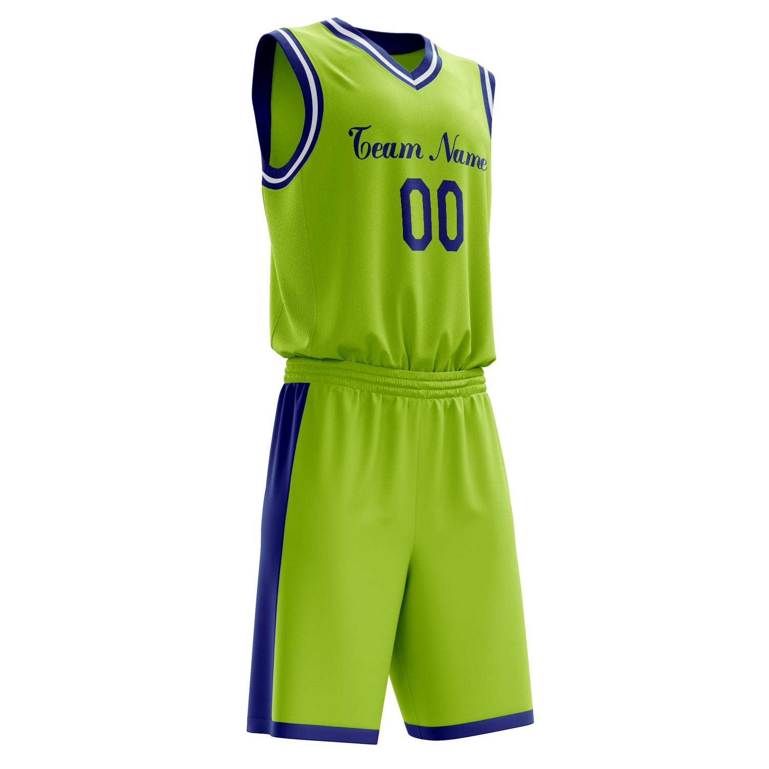 Maßgeschneidertes professionelles Neongrün Marineblau Basketballtrikot-Set