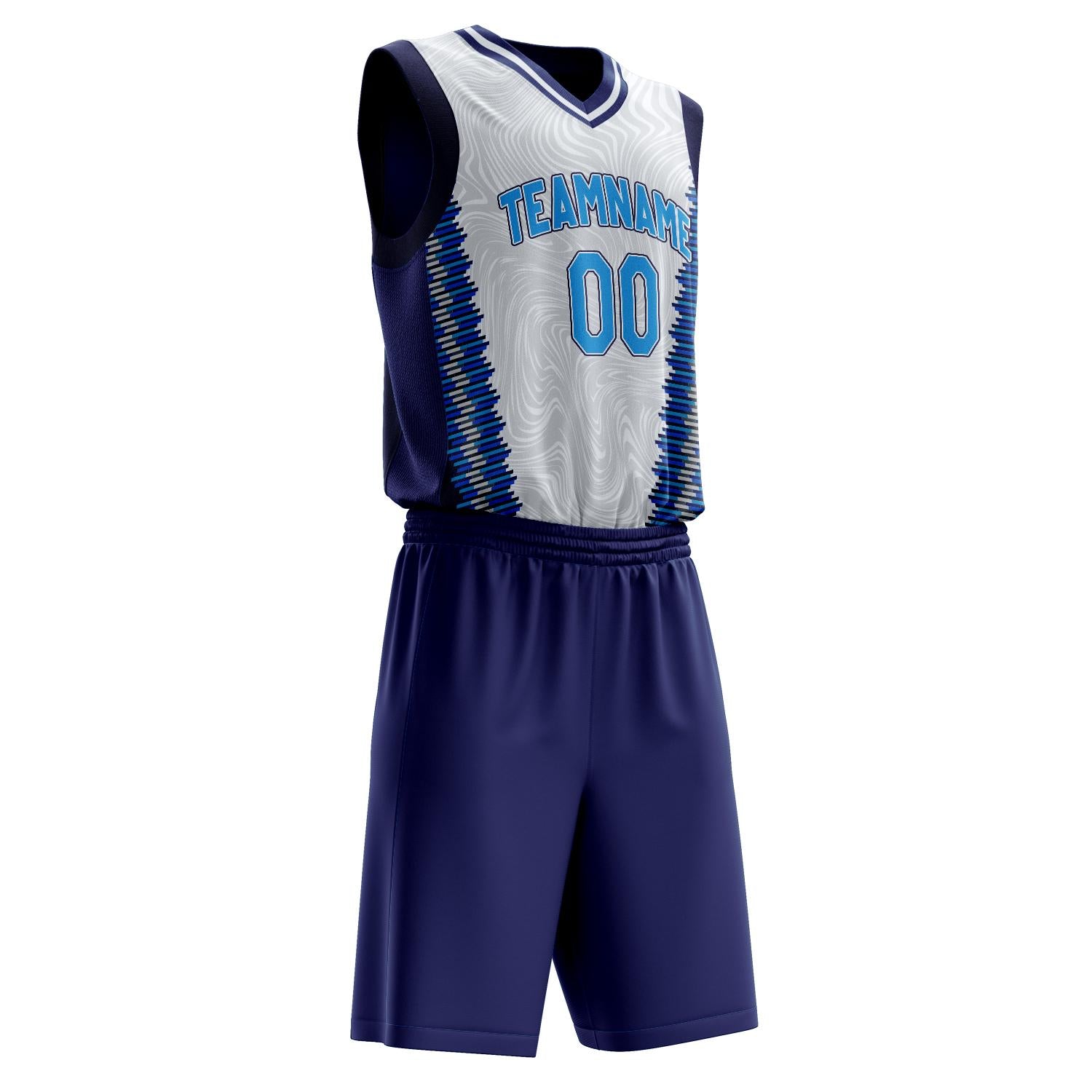 Benutzerdefiniertes Professionelles Weiß Marineblau Basketballtrikot-Set