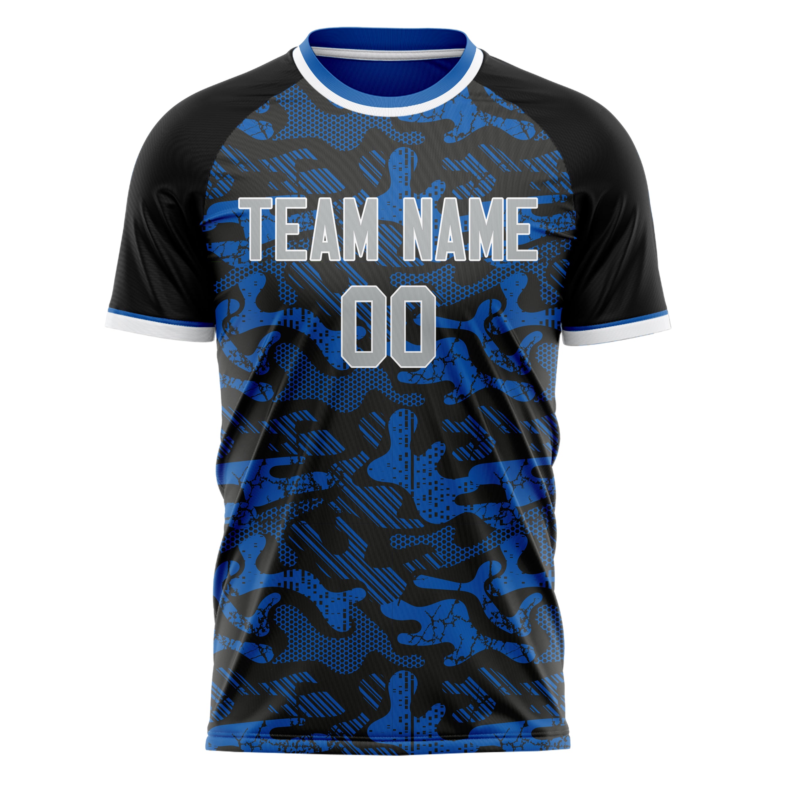 Custom Professional Blue Black Camo Soccer Jersey