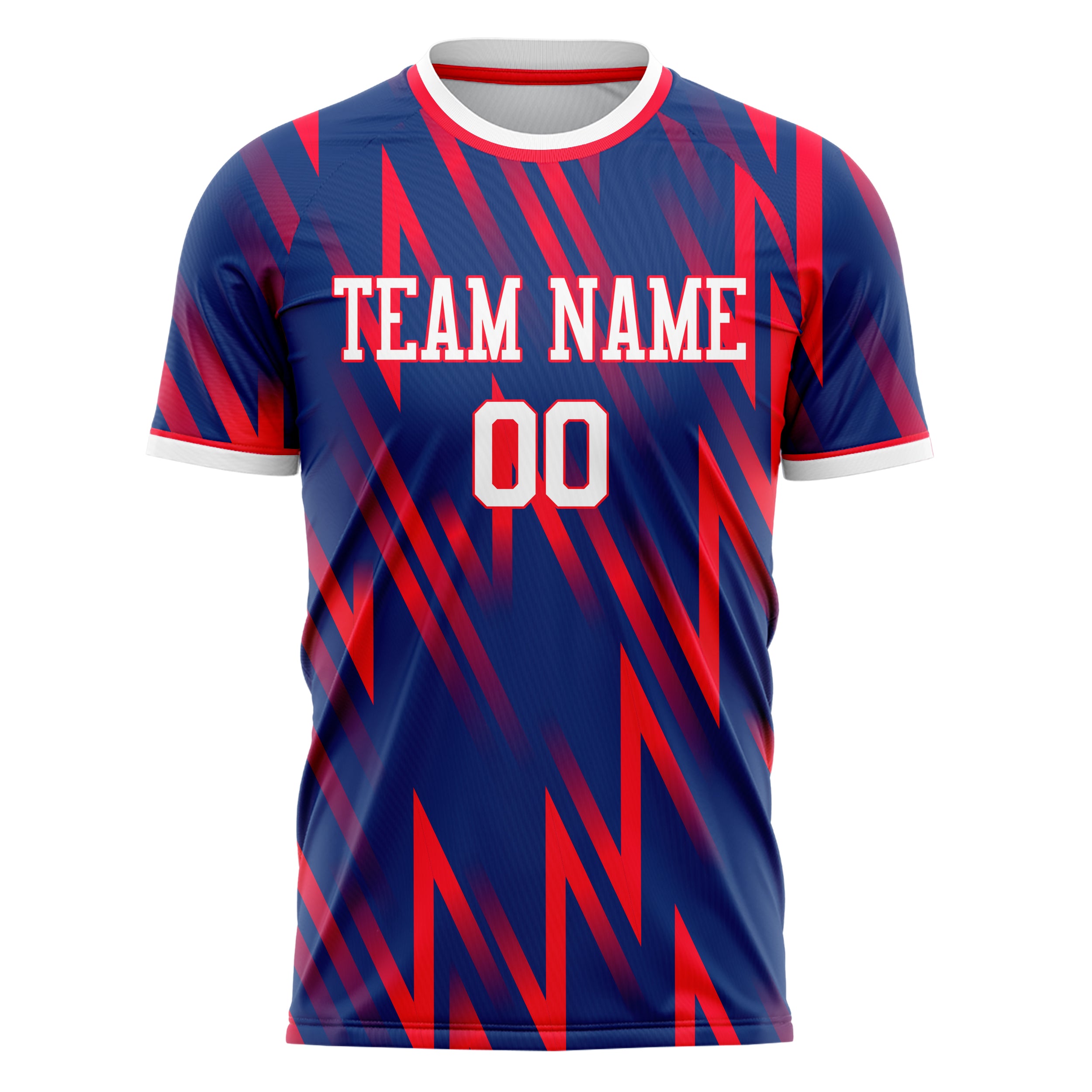 Custom Professional Navy Blue Red Geometric Lines Soccer Jersey