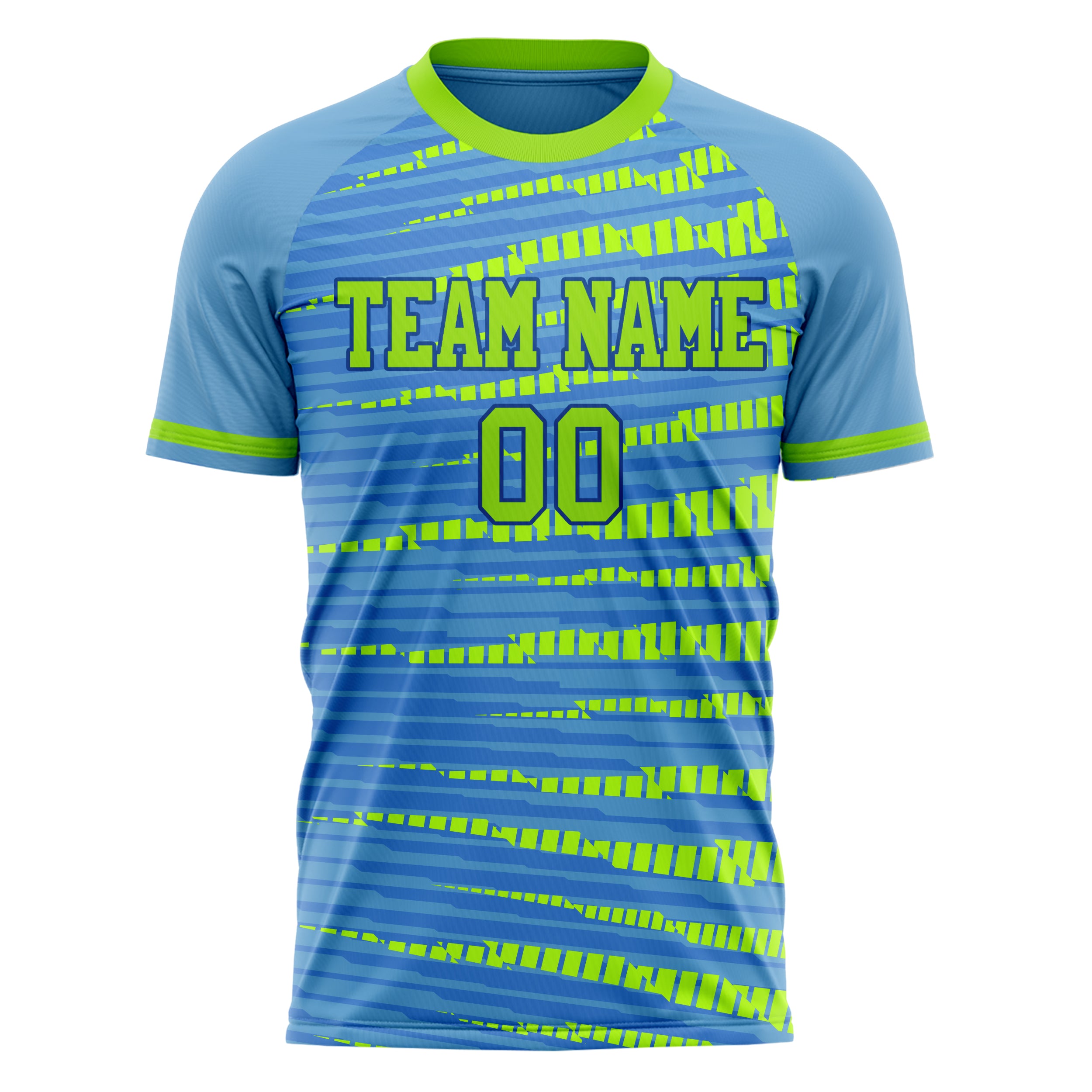 Custom Professional Light Blue Neon Green Triangle Soccer Jersey