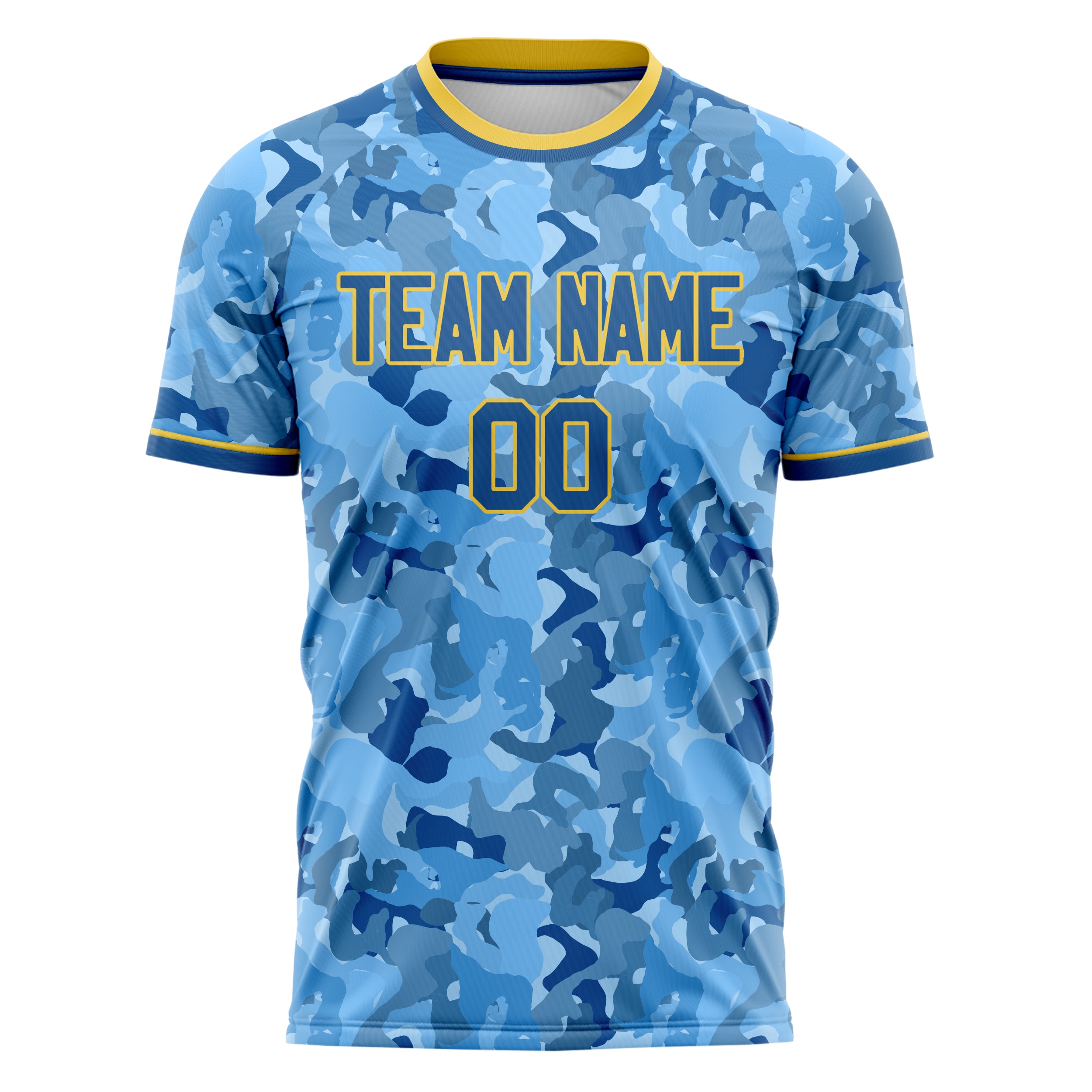 Custom Professional Blue Gold Camouflage Soccer Jersey