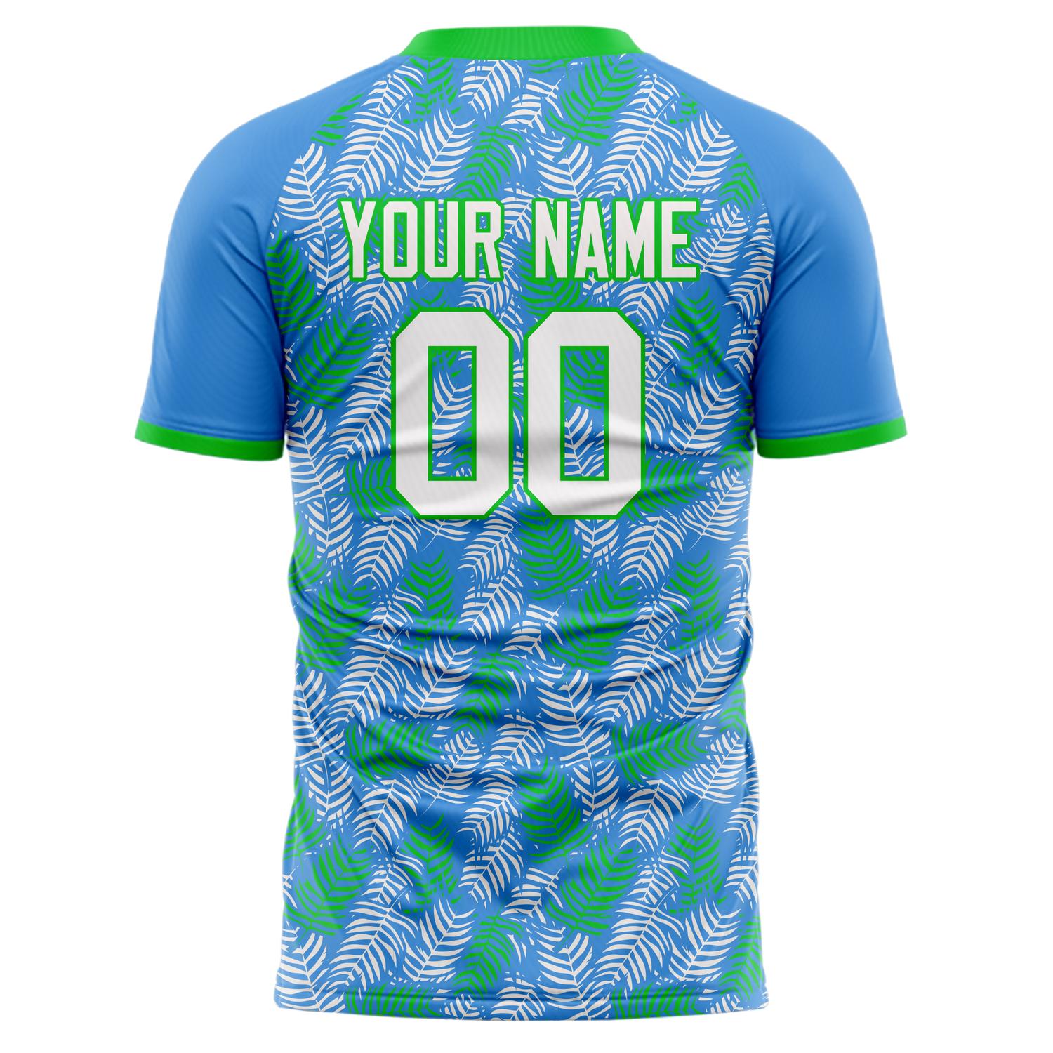 Custom Professional Blue Kelly Green Leaves Soccer Jersey