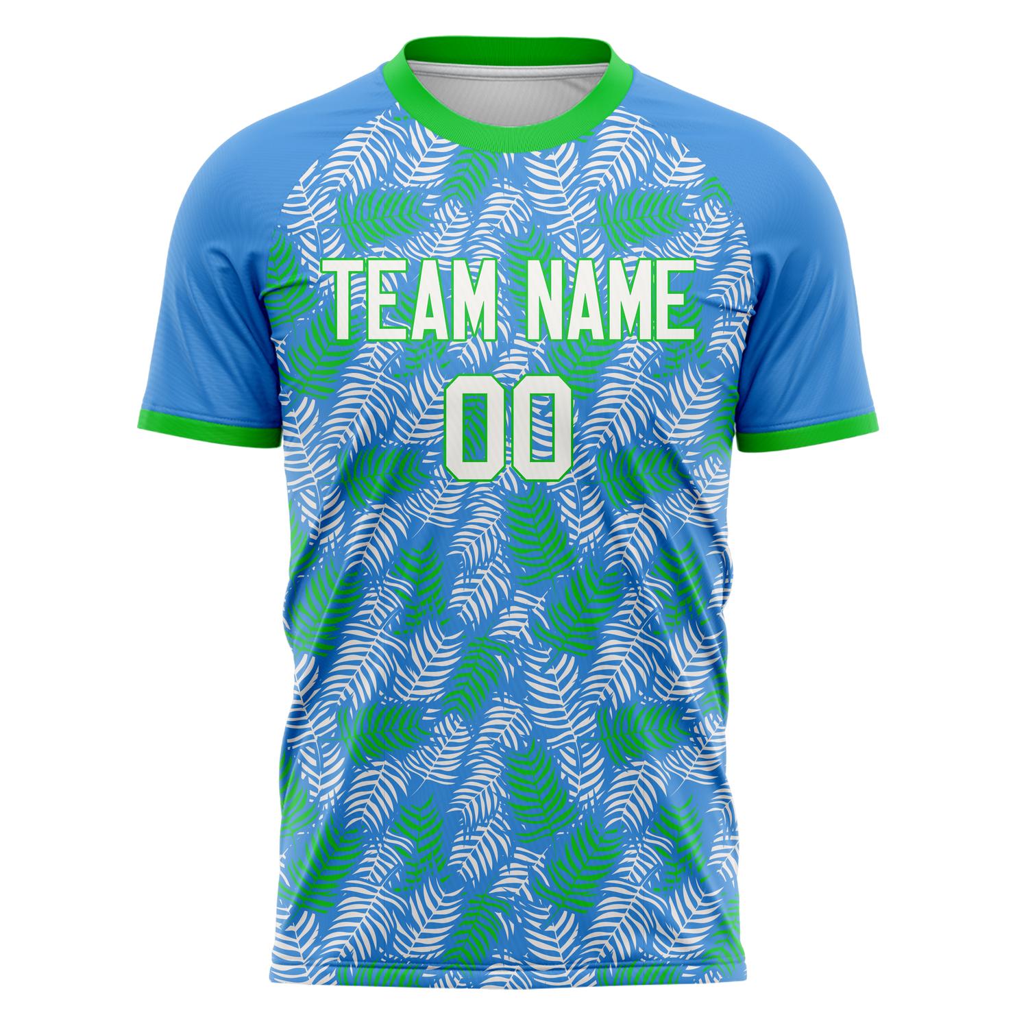 Custom Professional Blue Kelly Green Leaves Soccer Jersey