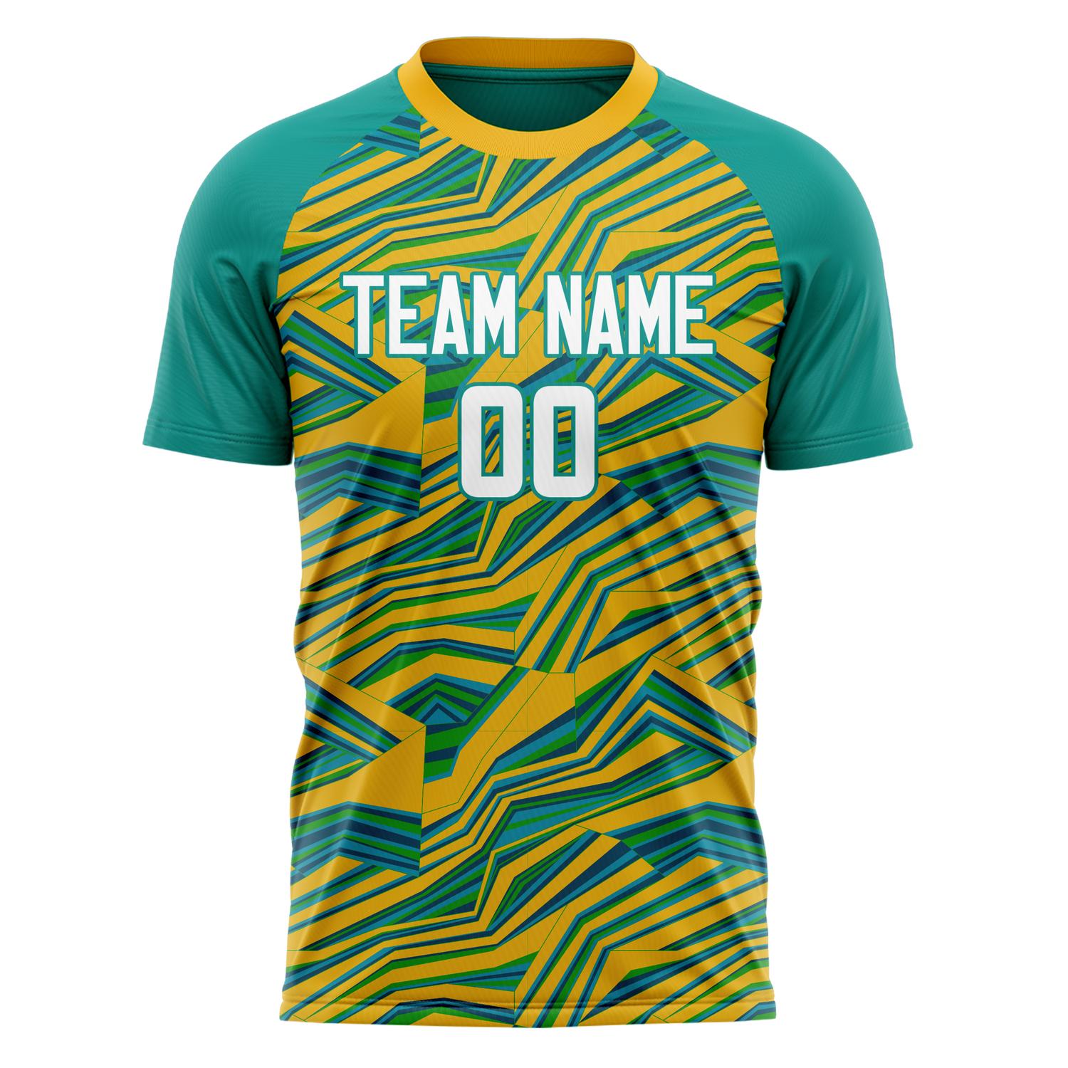 Custom Professional Gold Teal Zigzag Soccer Jersey