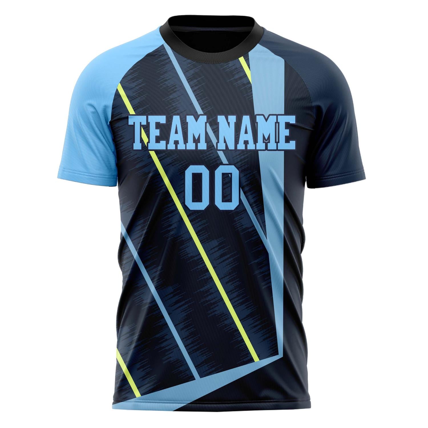 Custom Professional Navy Blue Light Blue Geometry Soccer Jersey