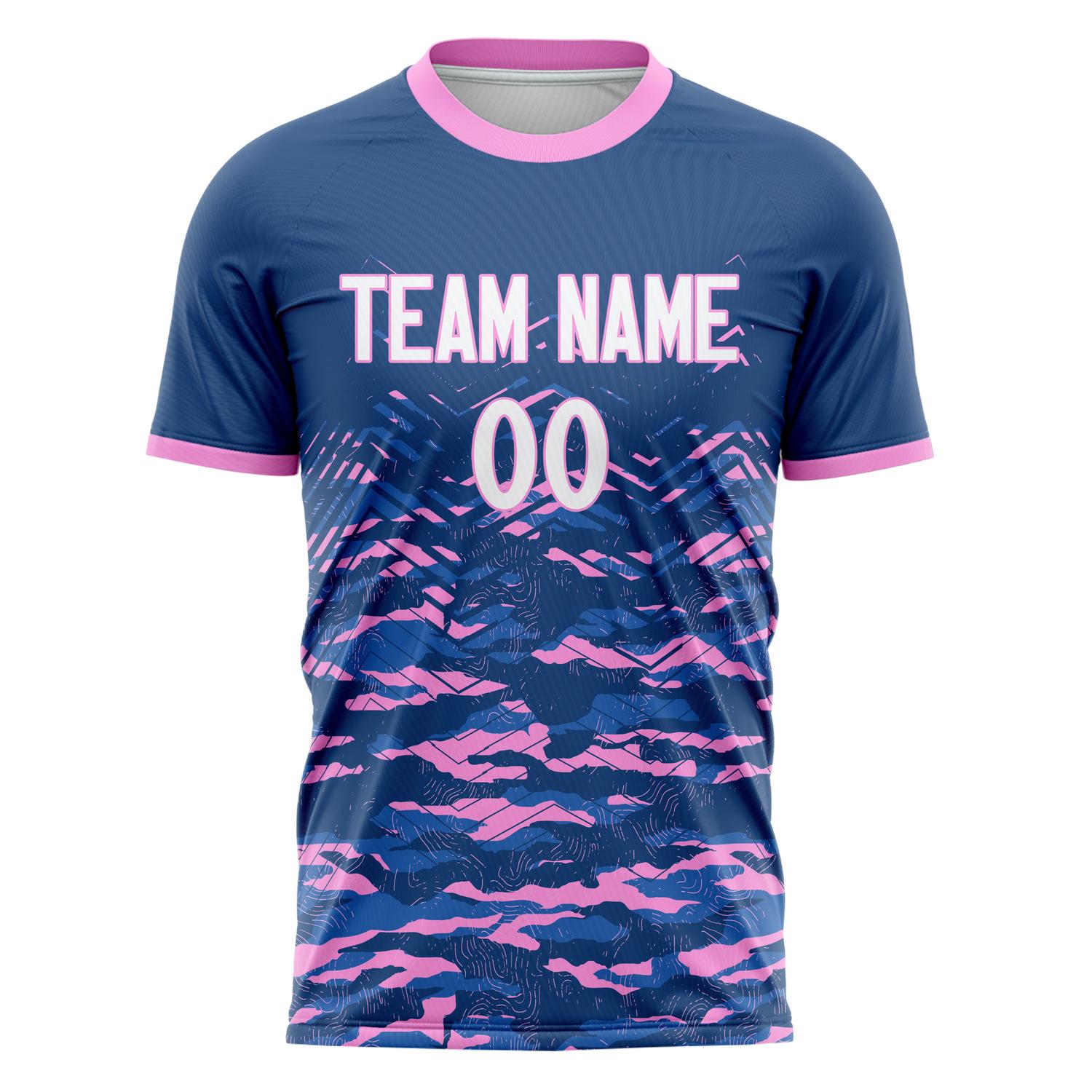 Custom Professional Navy Blue Pink Waves Soccer Jersey