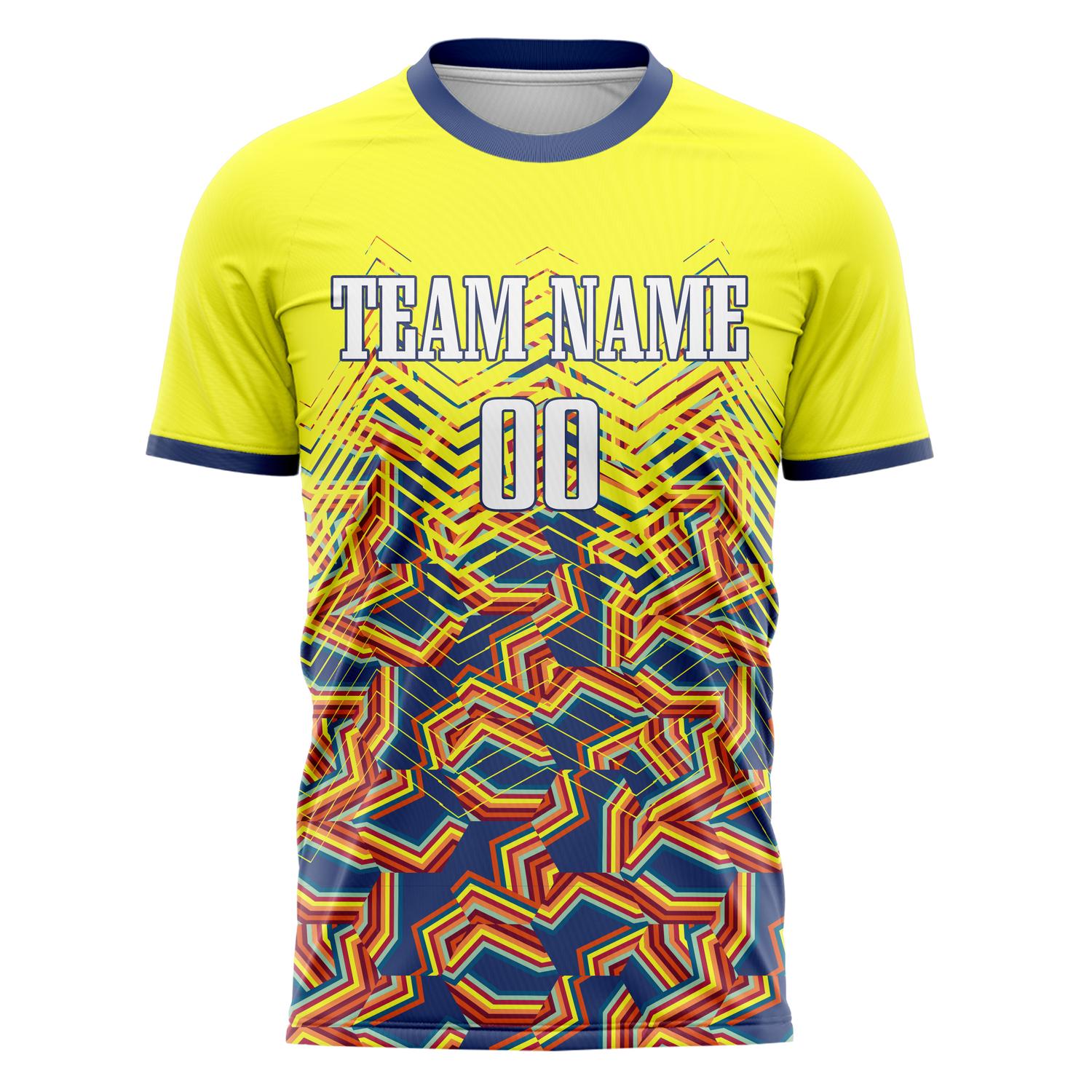 Custom Professional Yellow Navy Blue Zigzag Soccer Jersey