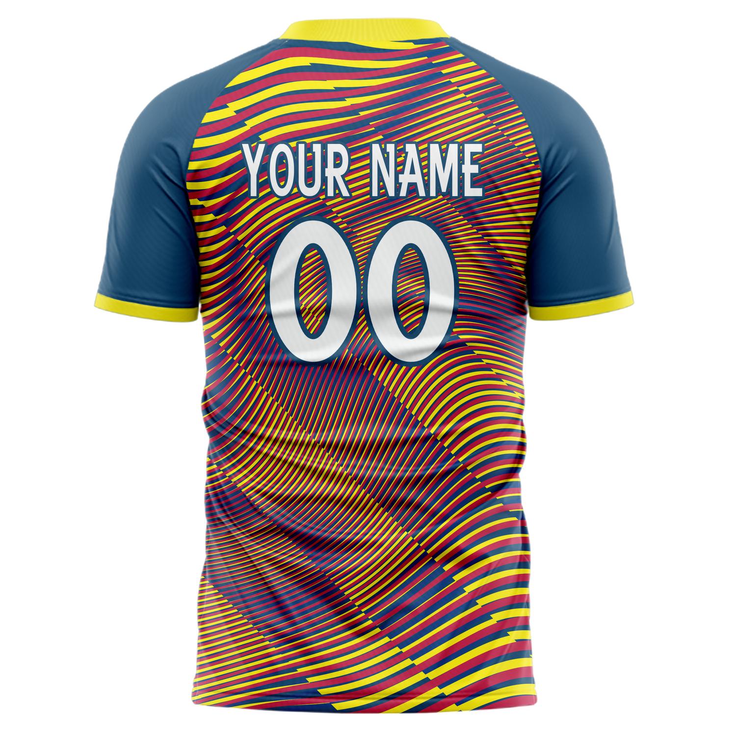 Benutzerdefiniertes Professionelles Marineblau Gelb Welligkeit Fußballtrikot