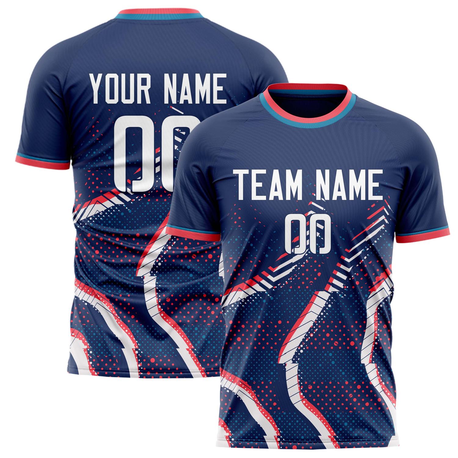 Benutzerdefiniertes Professionelles Marineblau Weiß Streifen Fußballtrikot FT02240809JG103