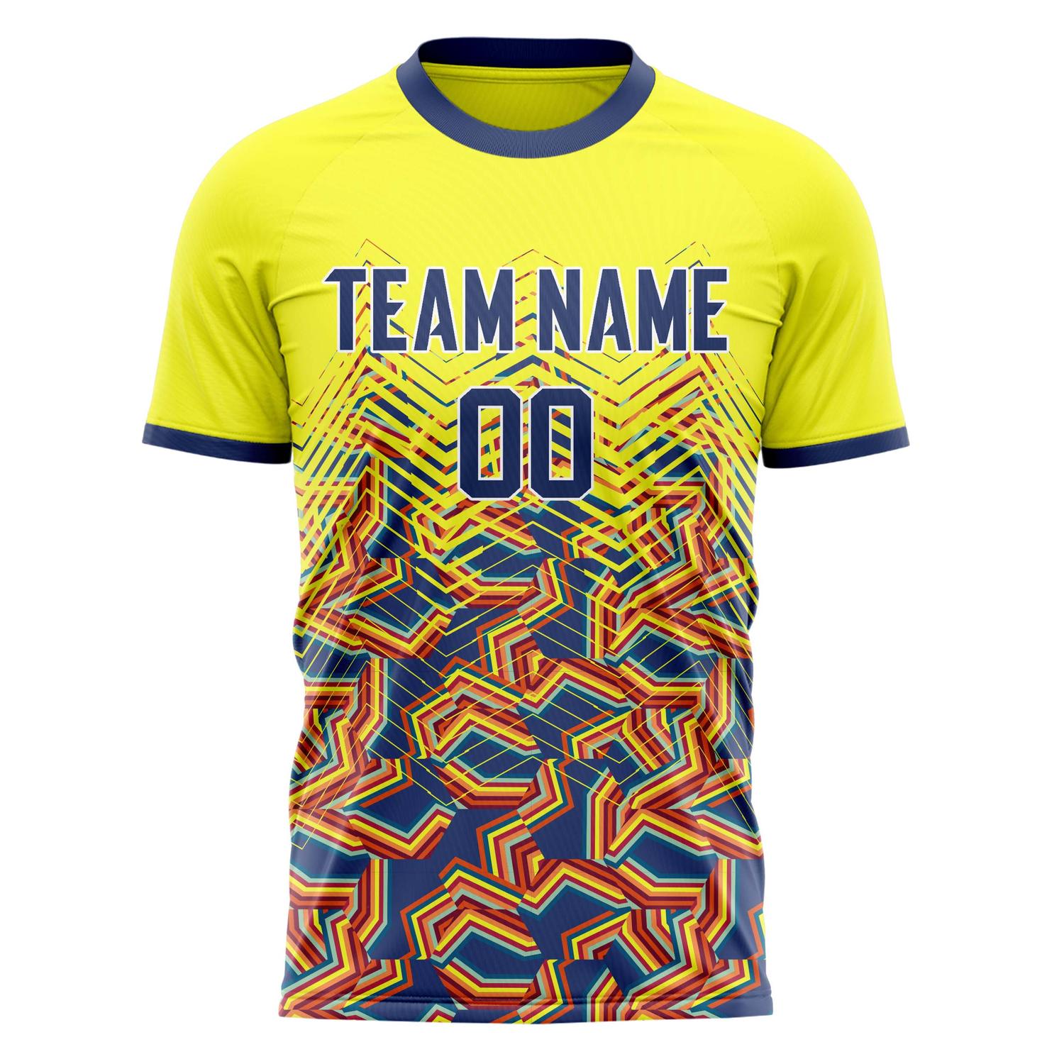 Custom Professional Yellow Navy Blue Geometric Soccer Jersey