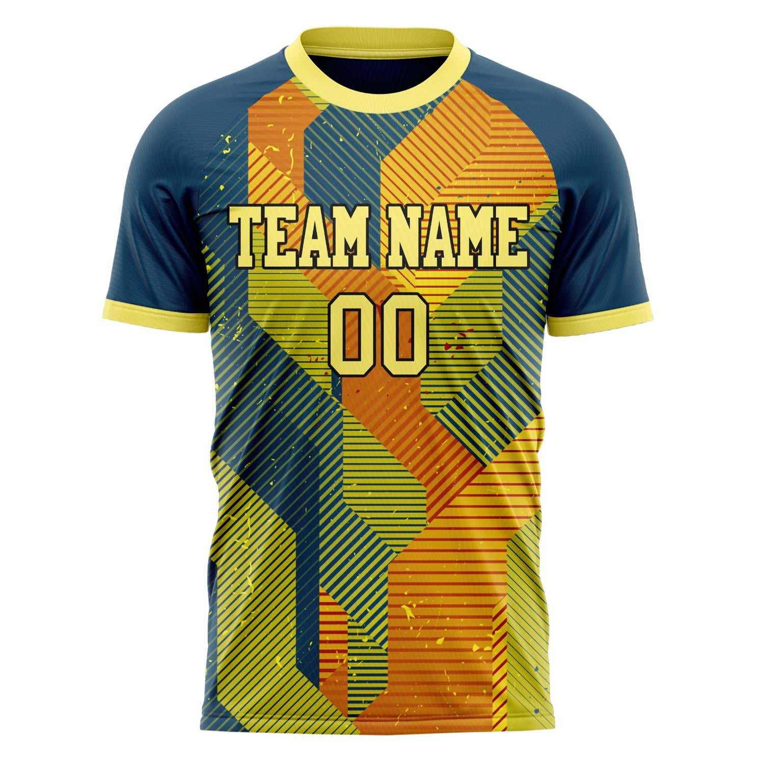Custom Professional Navy Blue Yellow Geometry Soccer Jersey