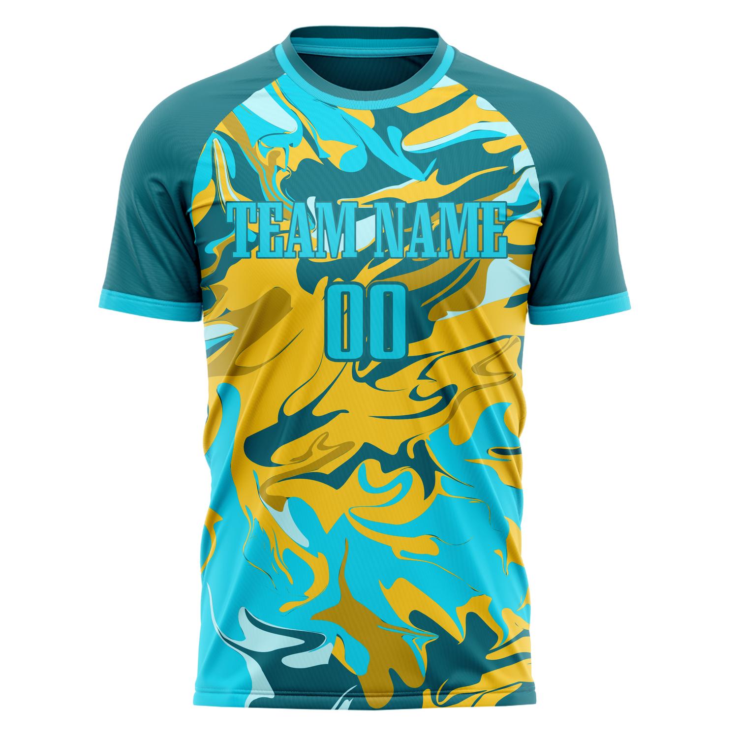 Custom Professional Teal Gold Camouflage Soccer Jersey