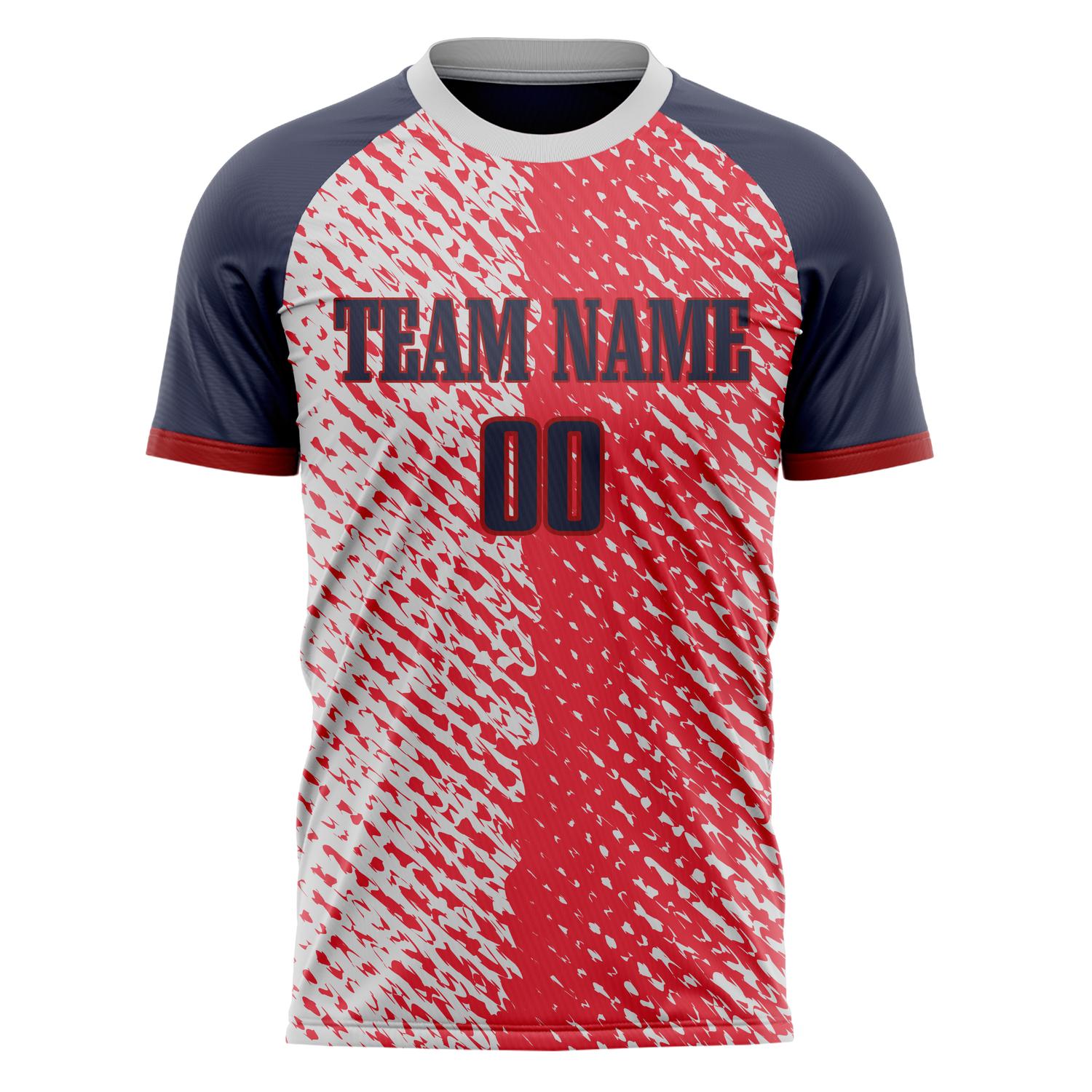 Custom Professional Red Navy Blue Distorted Stripe Soccer Jersey
