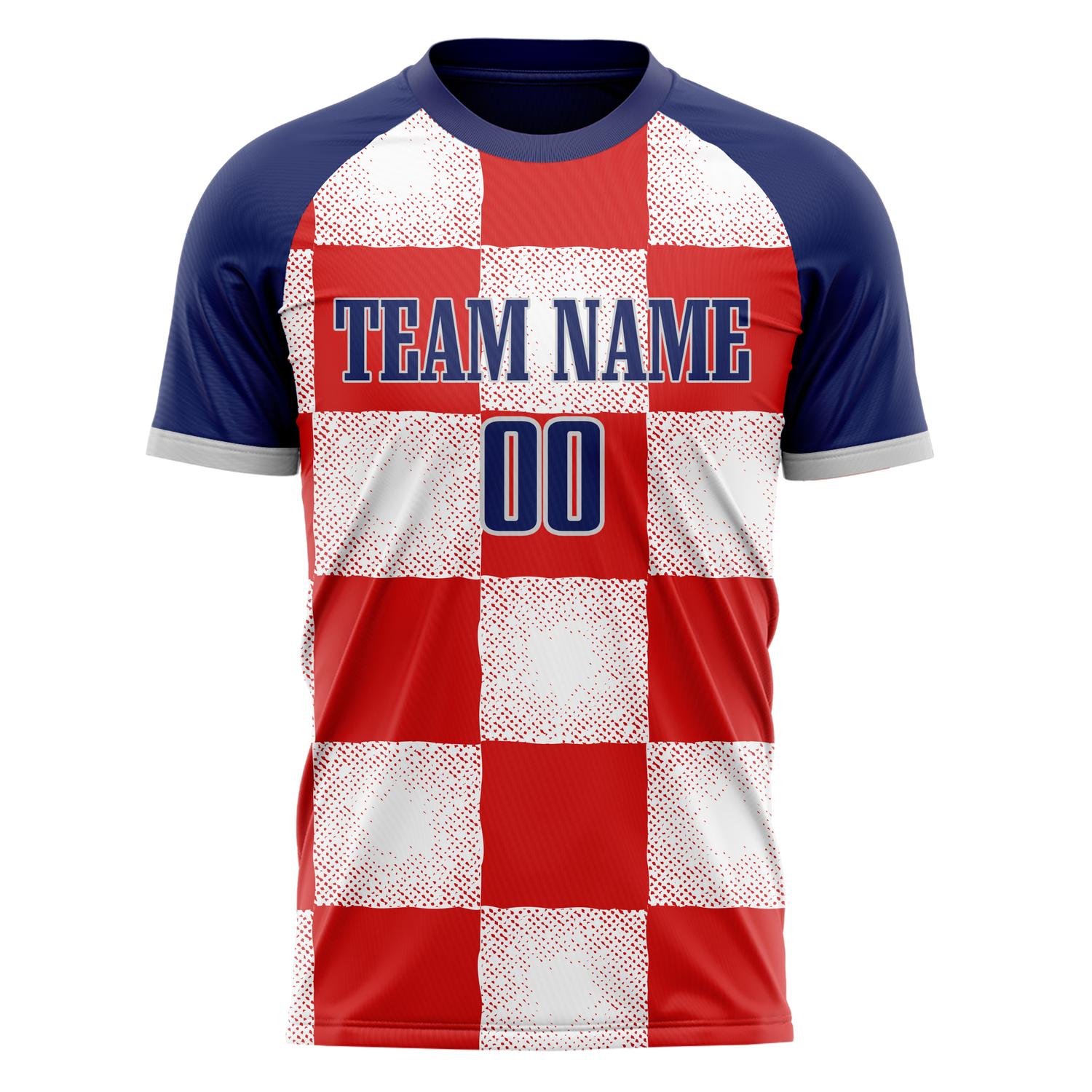 Custom Professional Red Navy Blue Checkerboard Soccer Jersey