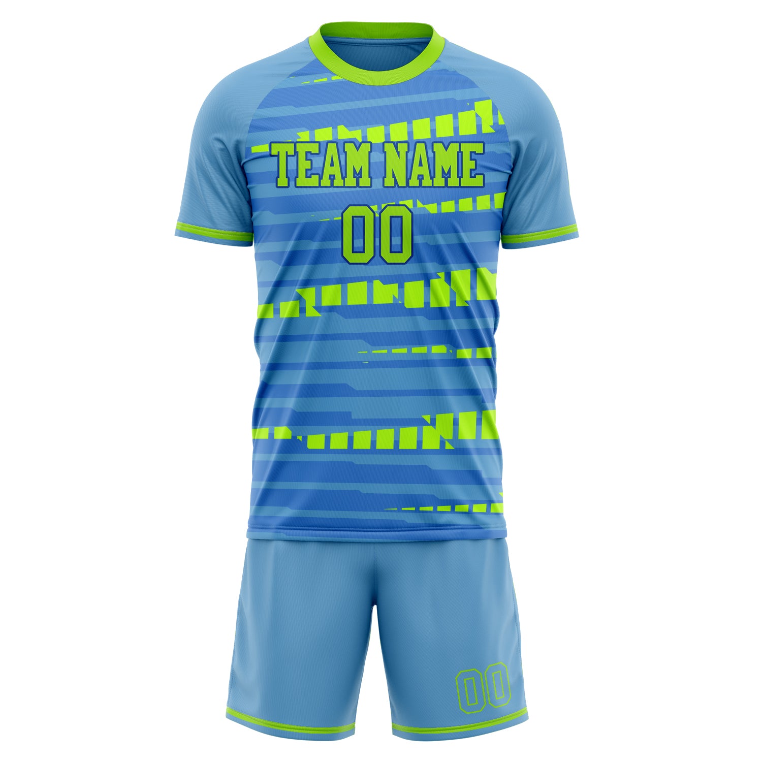 Custom Professional Light Blue Neon Green Soccer Jersey Set
